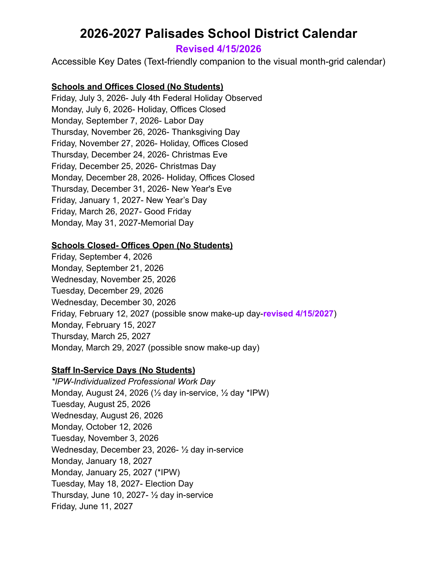 Palisades School District NJ 2026-27 calendar page 1