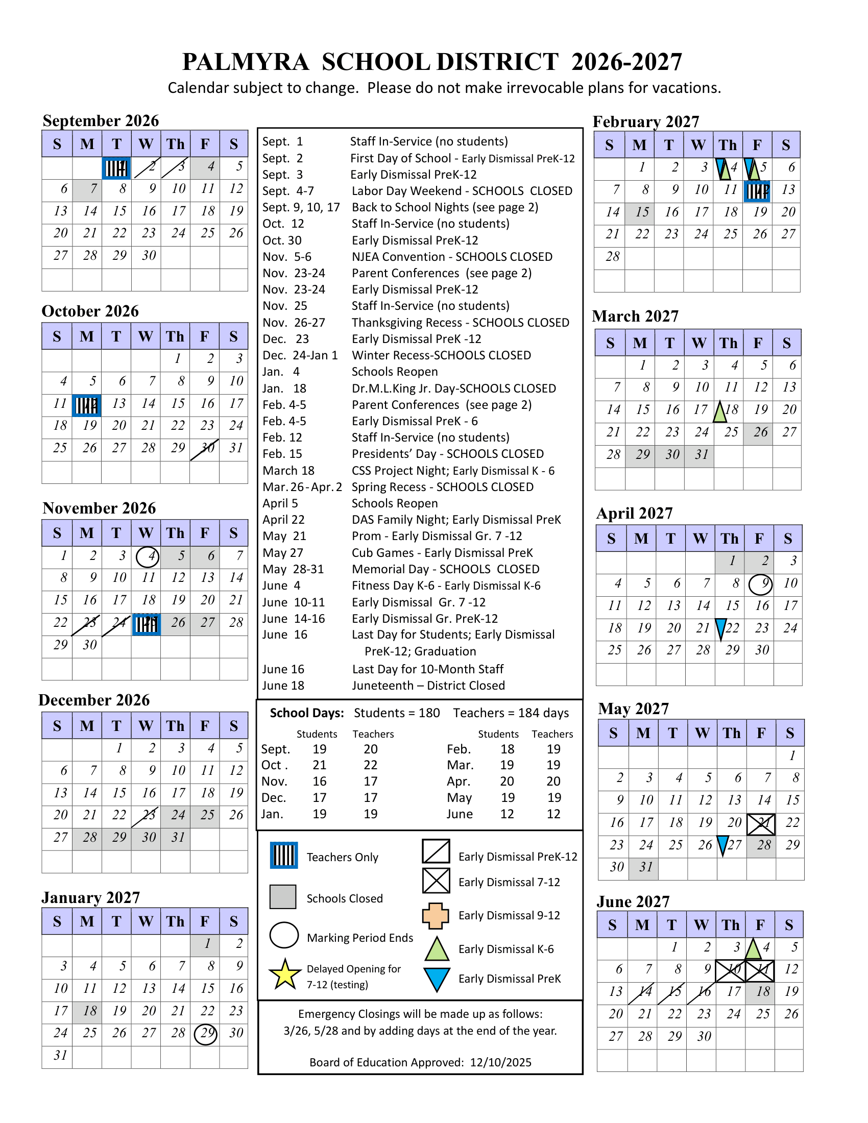 PALMYRA SCHOOL DISTRICT NJ 2026-27 calendar page 1