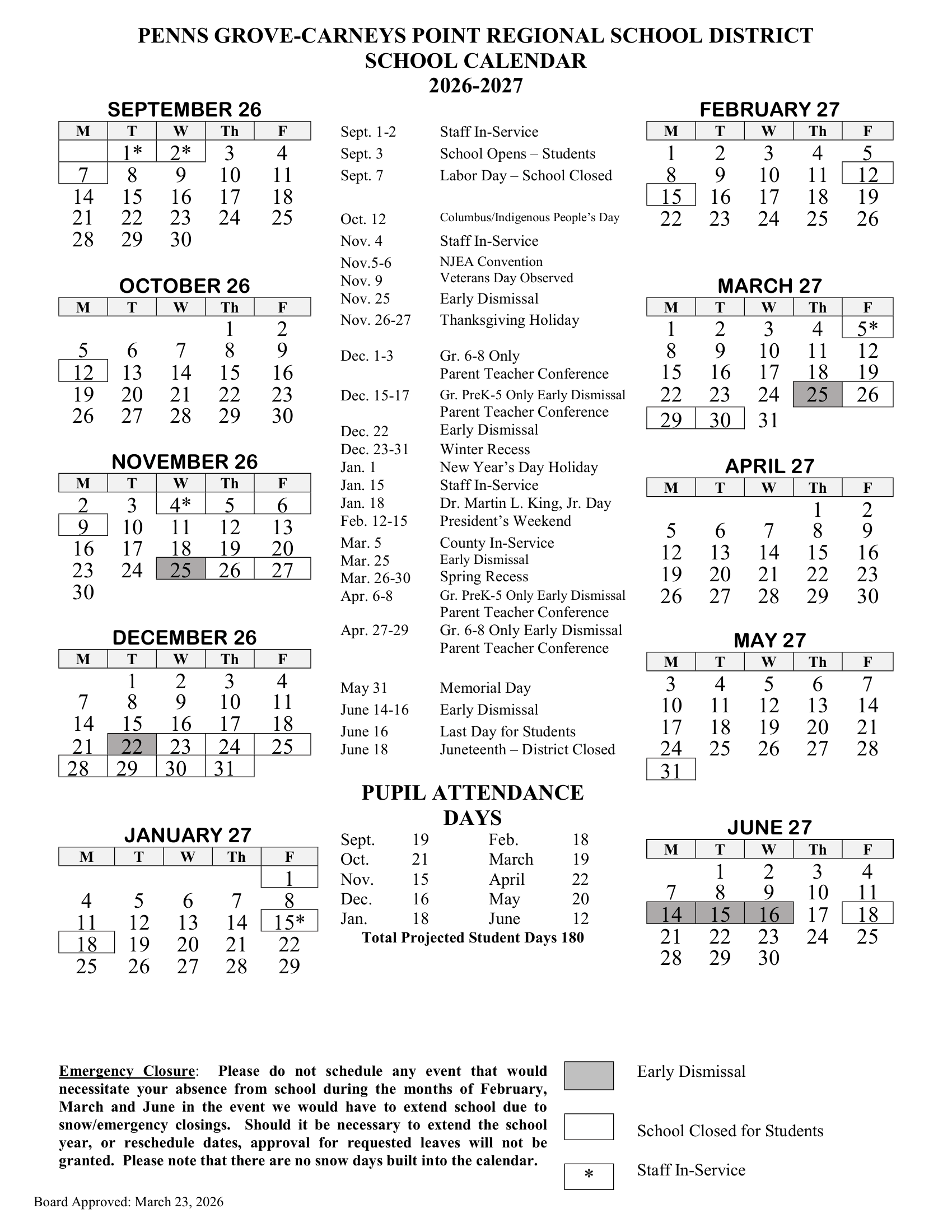 PENNS GROVE-CARNEYS POINT REGIONAL SCHOOL DISTRICT NJ 2026-27 calendar