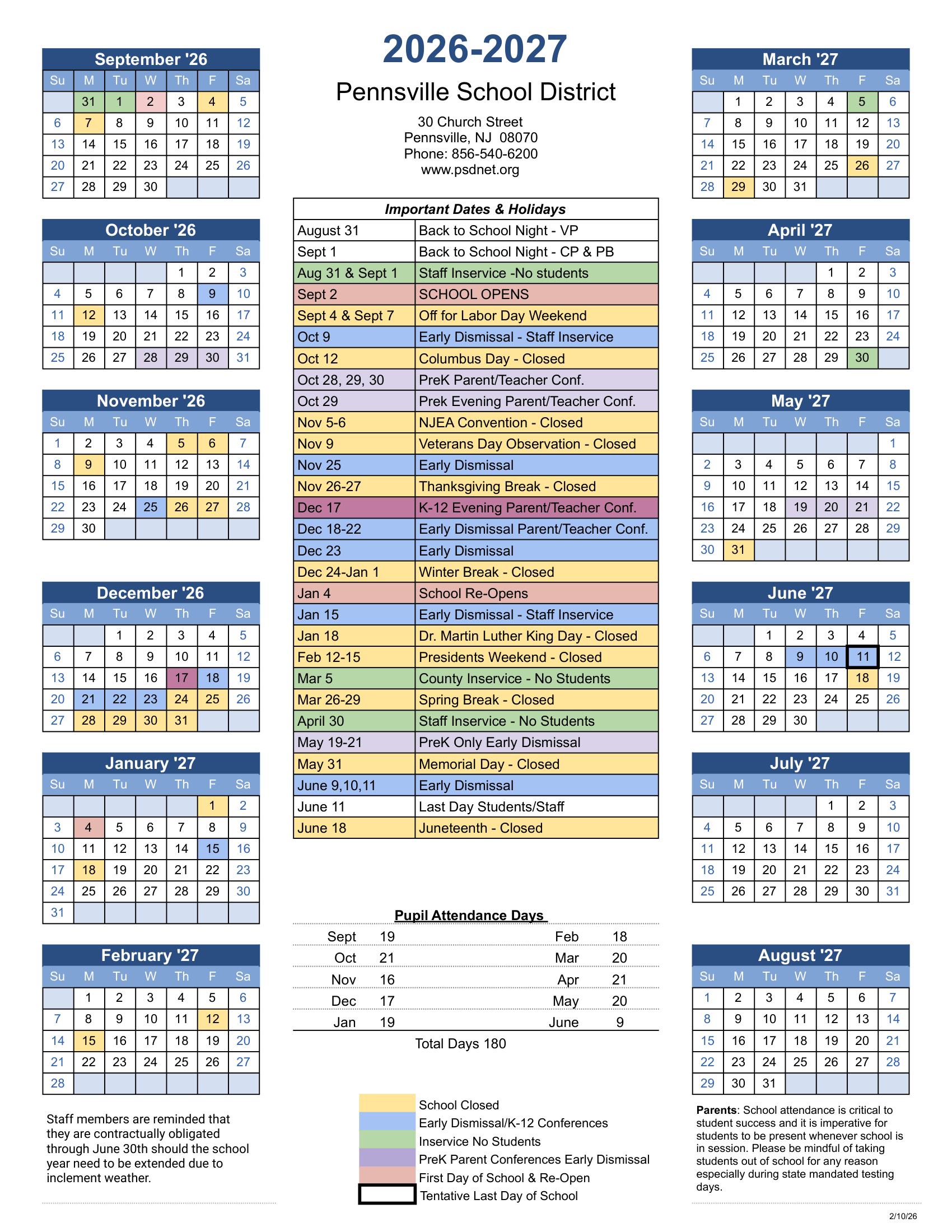 Pennsville School District NJ 2026-27 calendar