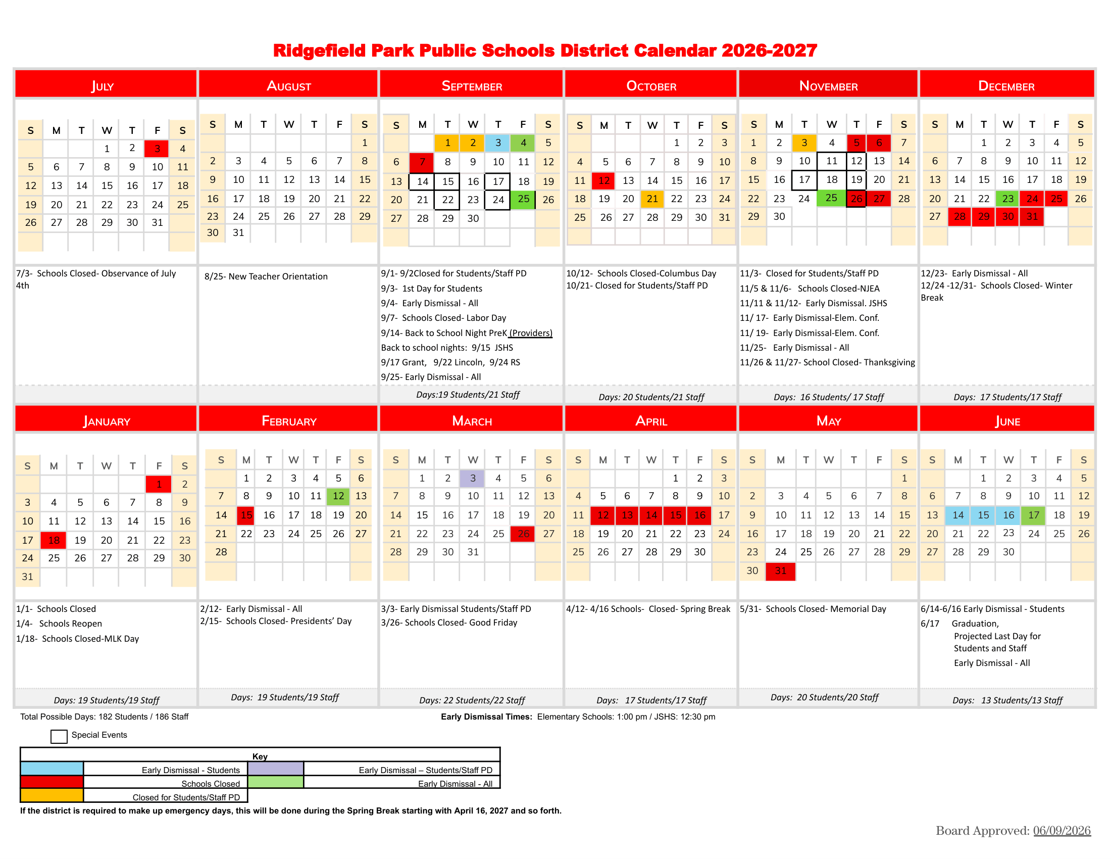 Ridgefield Park Public Schools NJ 2026-27 calendar