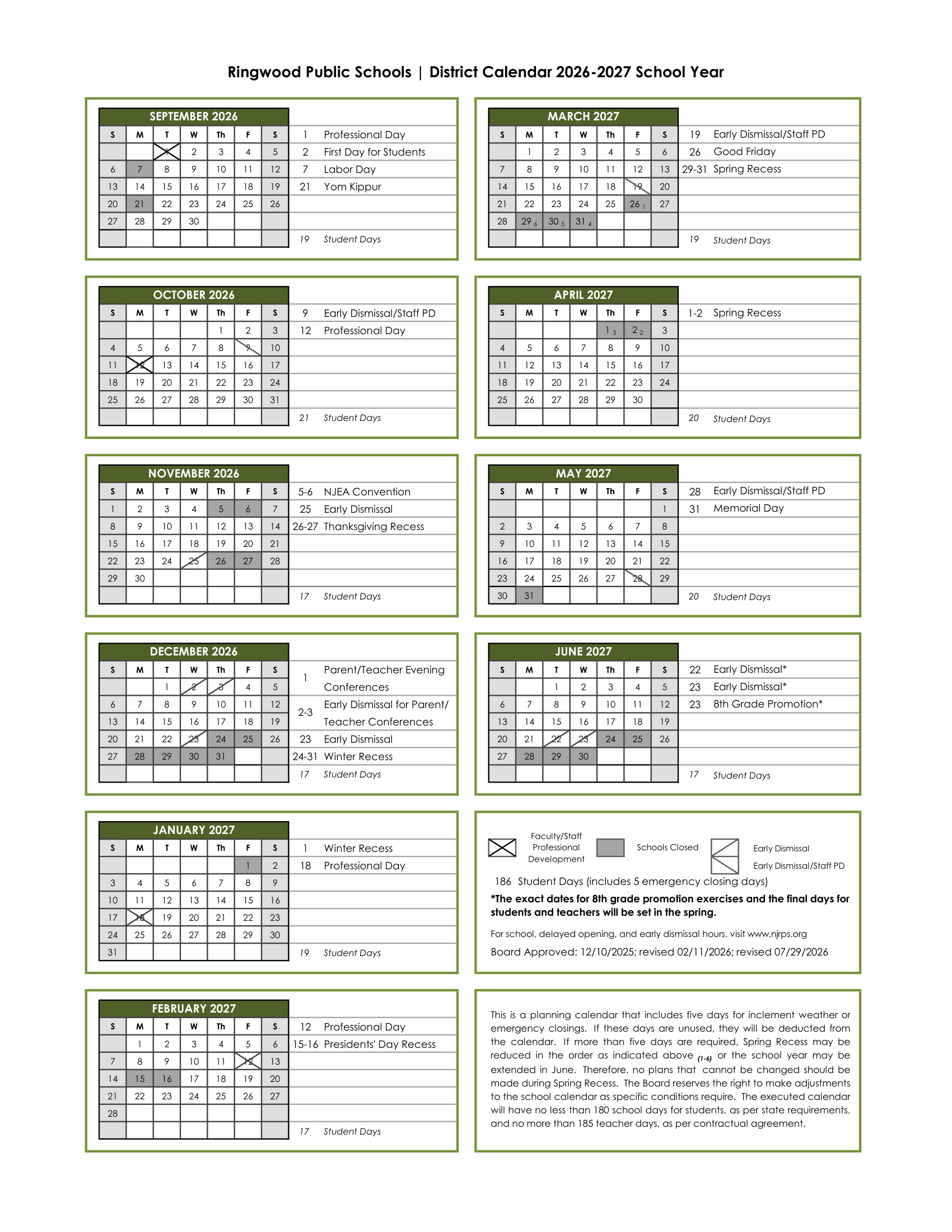 Ringwood Public Schools NJ 2026-27 calendar