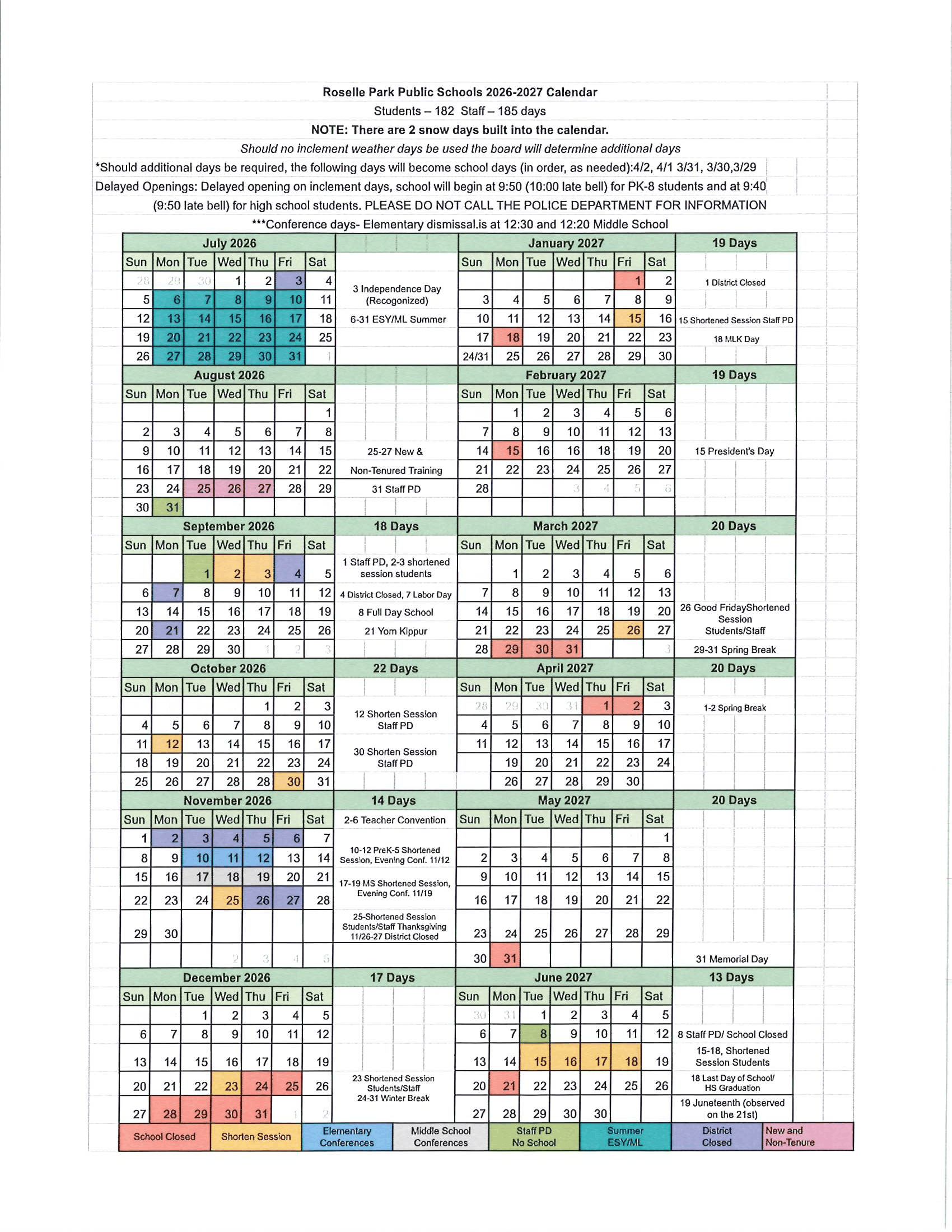 Roselle Park Public Schools NJ 2026-27 calendar