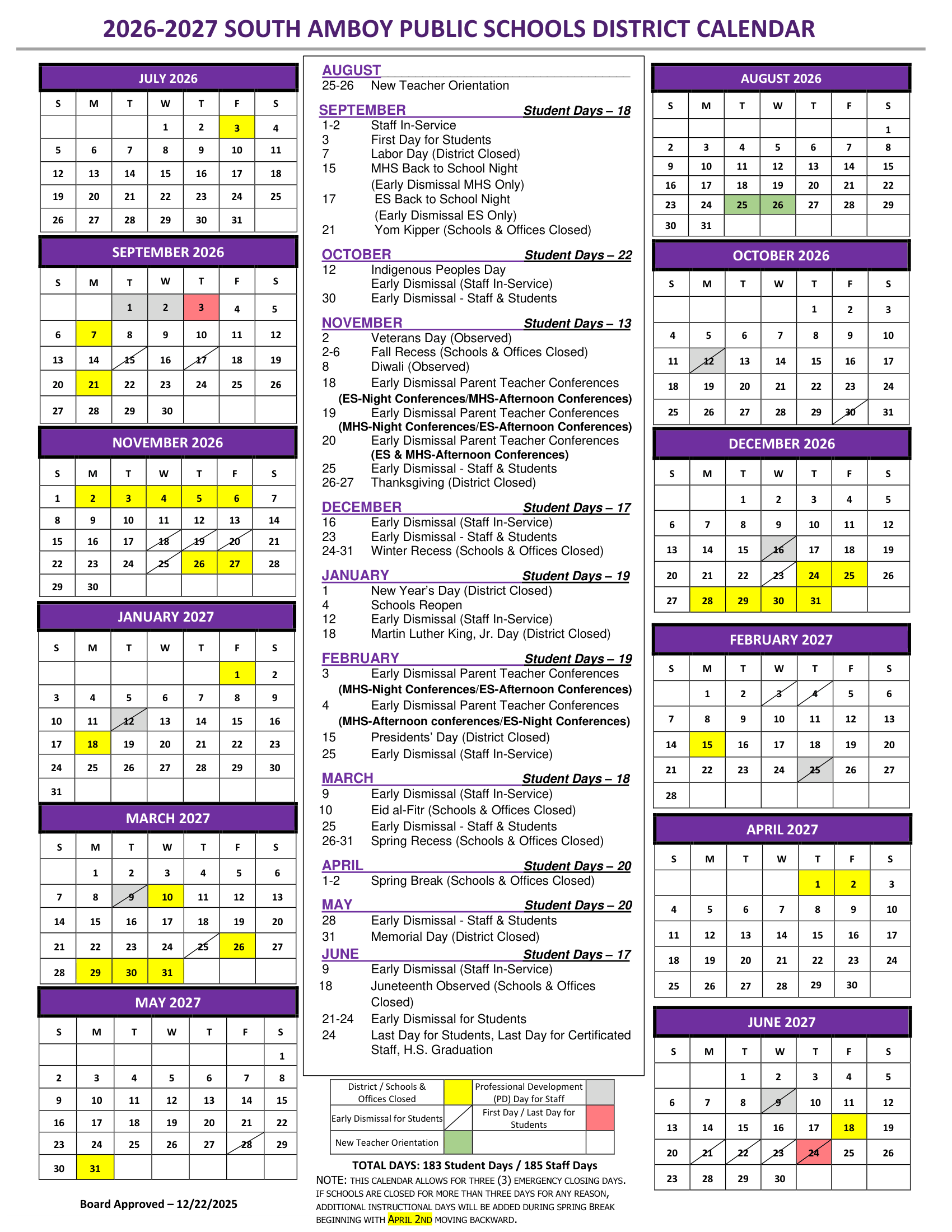 SOUTH AMBOY PUBLIC SCHOOLS DISTRICT NJ 2026-27 calendar