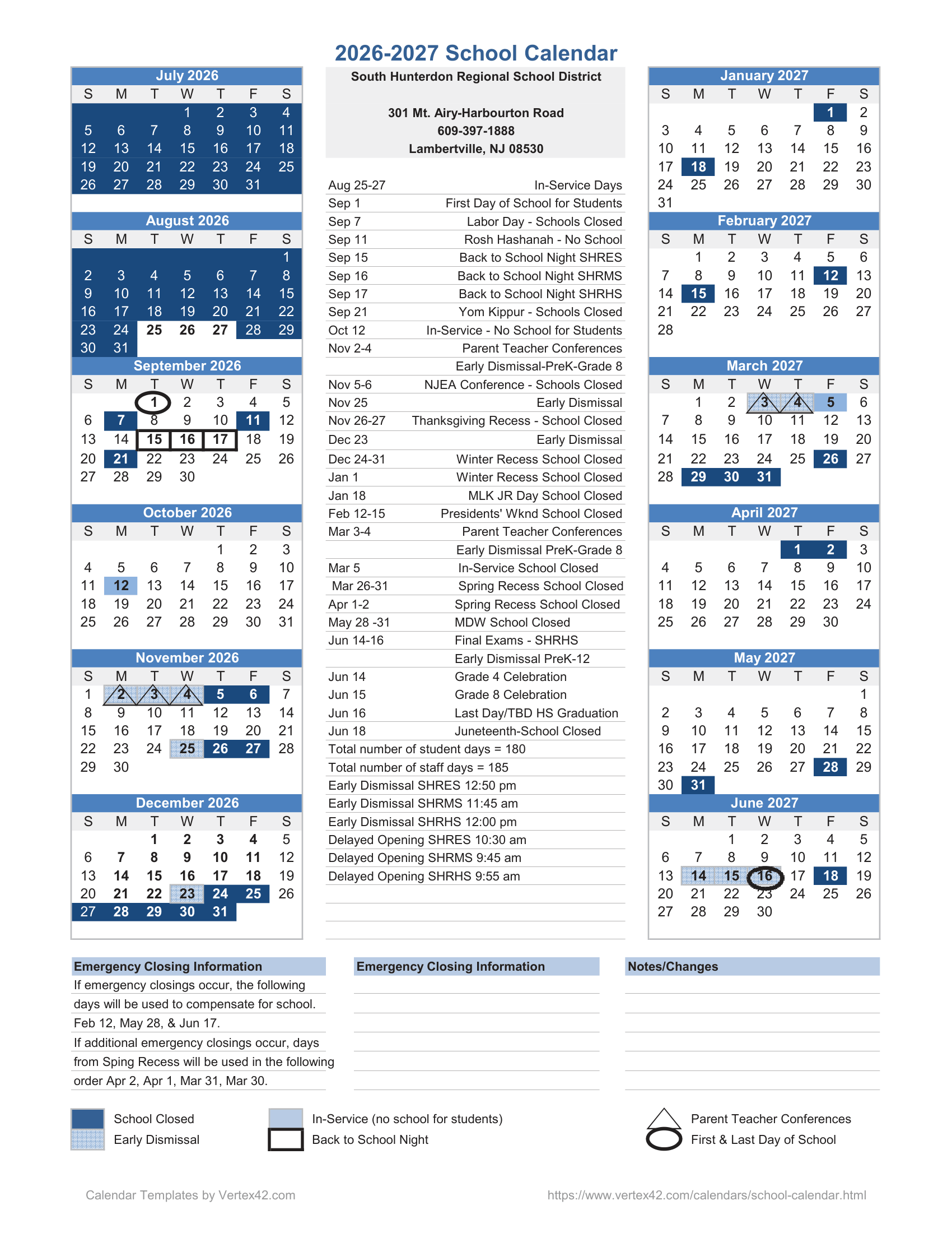South Hunterdon Regional School District NJ 2026-27 calendar