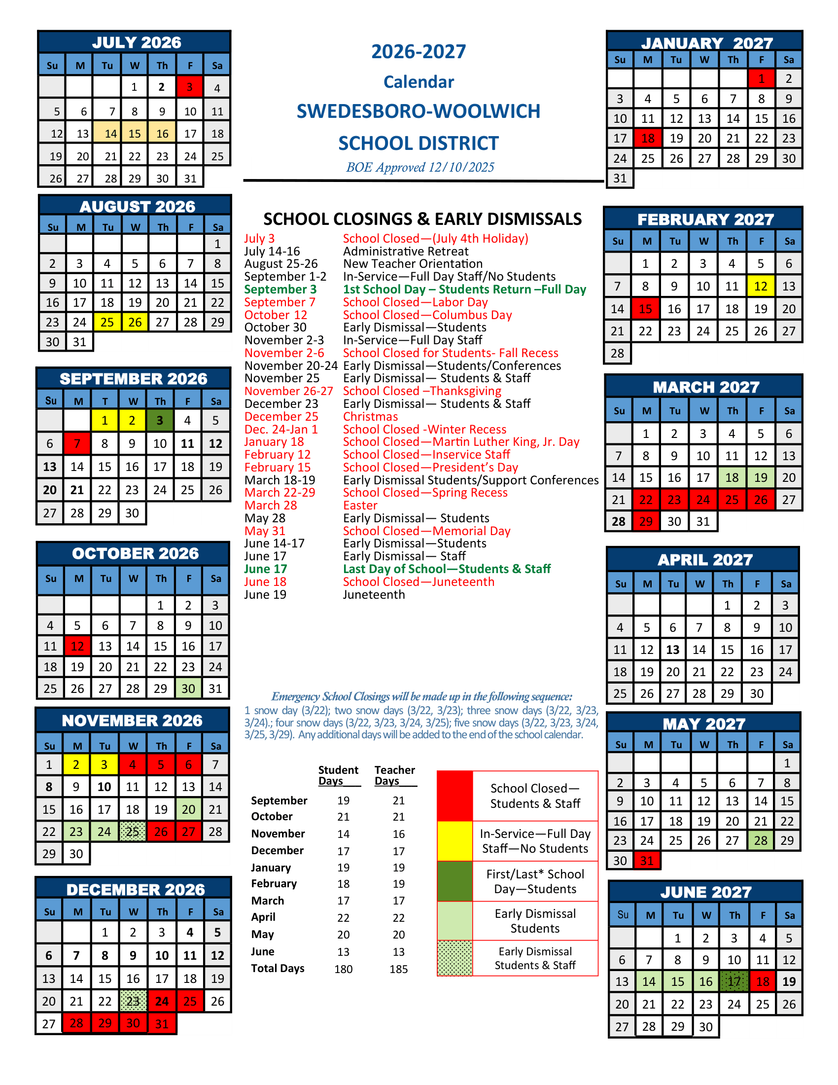 SWEDESBORO-WOOLWICH SCHOOL DISTRICT NJ 2026-27 calendar