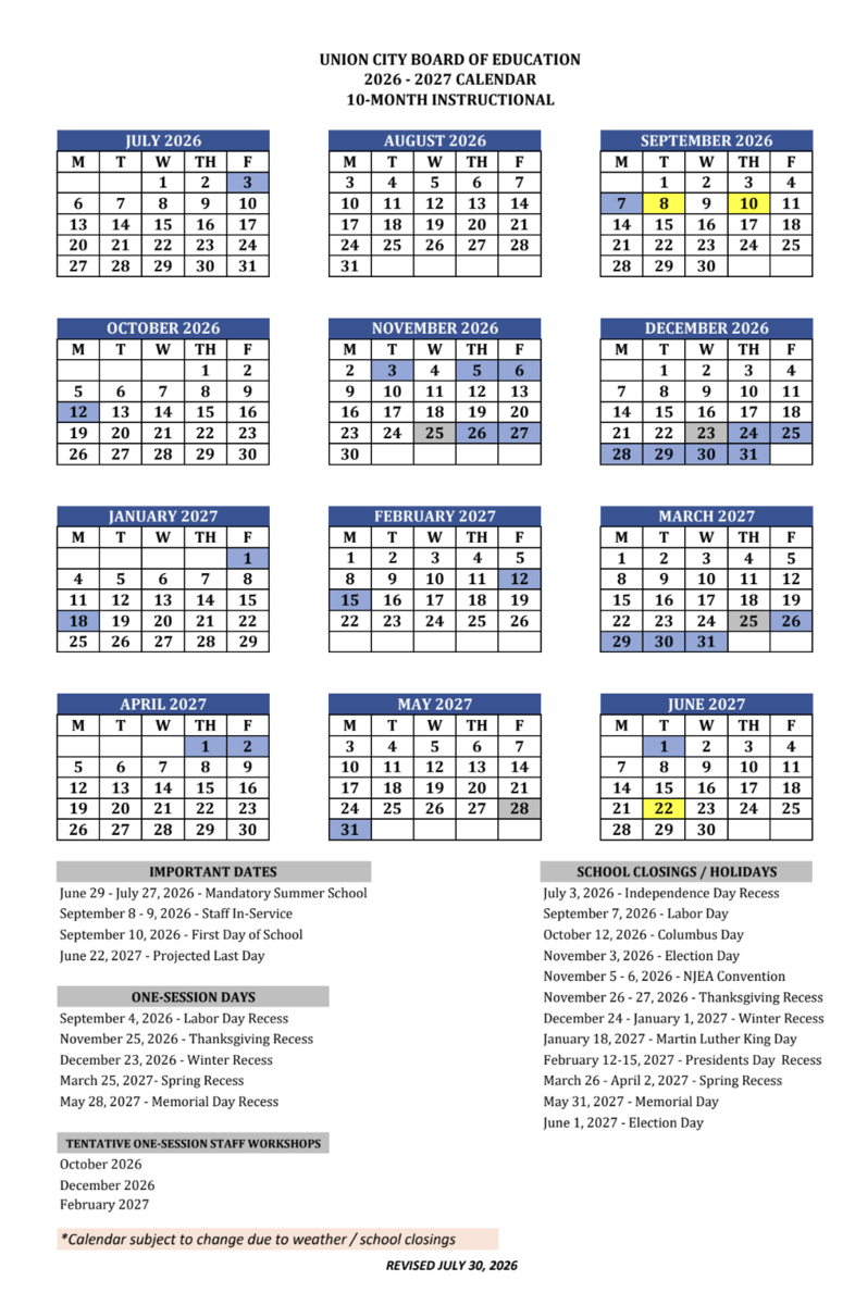 UNION CITY BOARD OF EDUCATION calendar thumbnail
