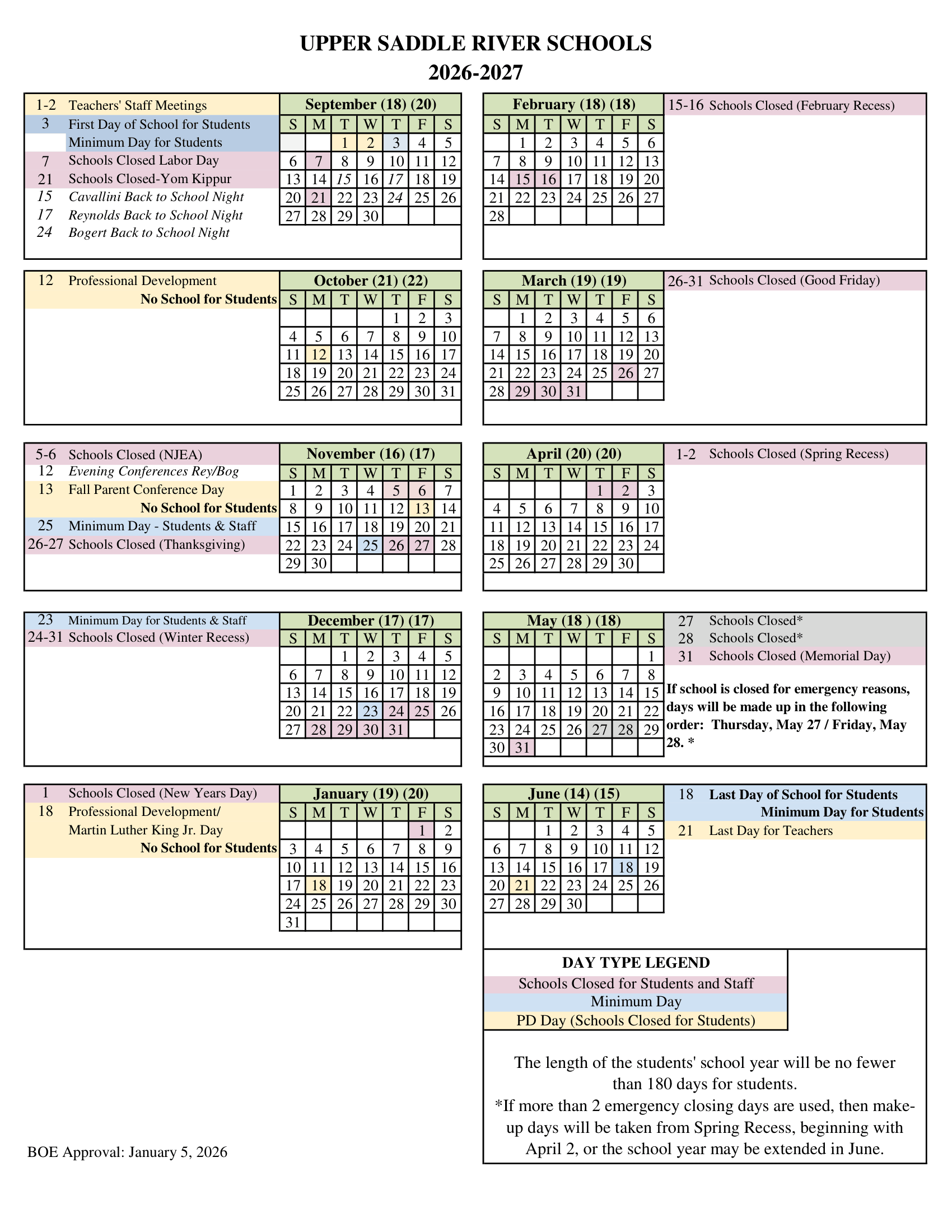 UPPER SADDLE RIVER SCHOOLS NJ 2026-27 calendar