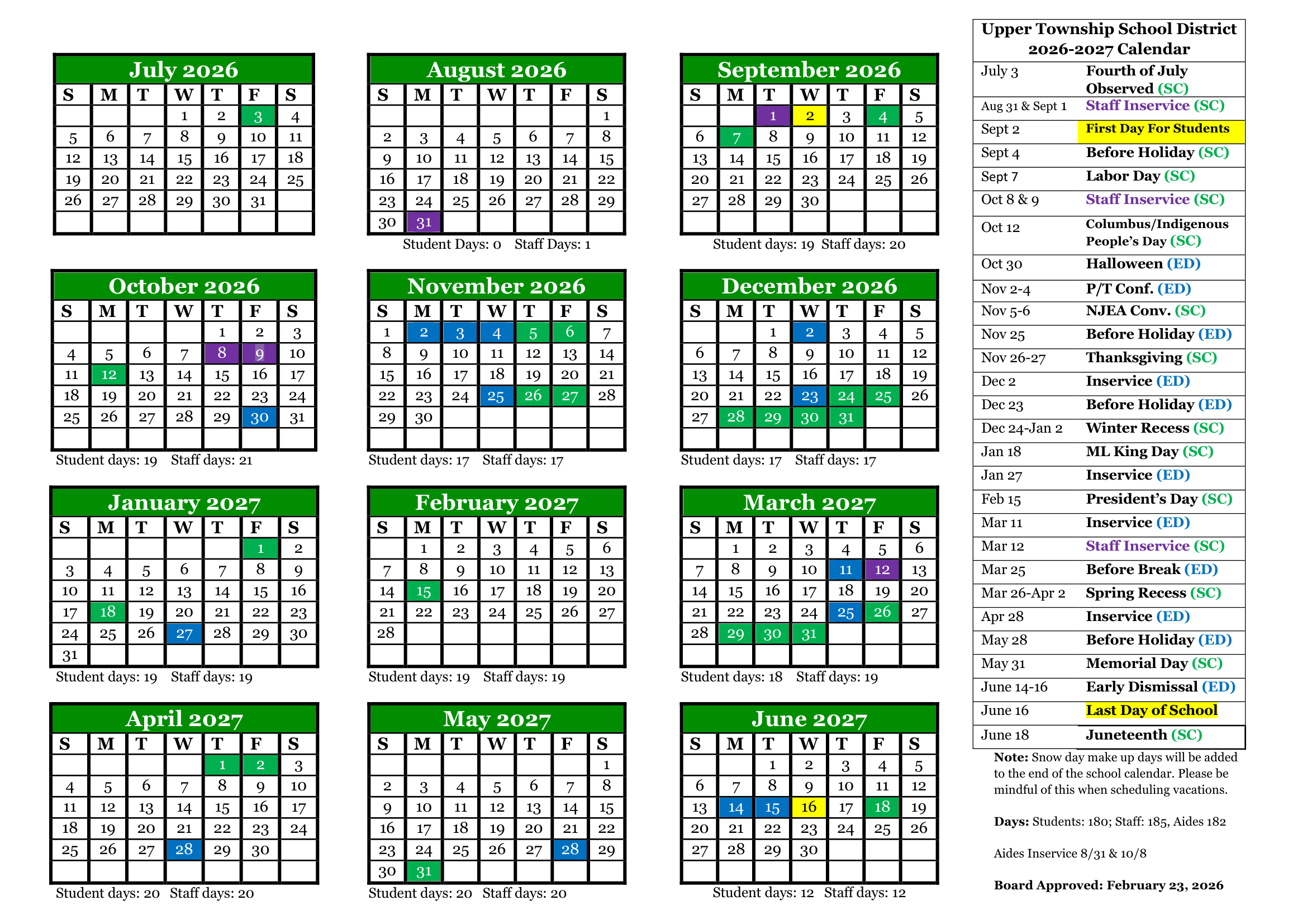 Upper Township School District NJ 2026-27 calendar