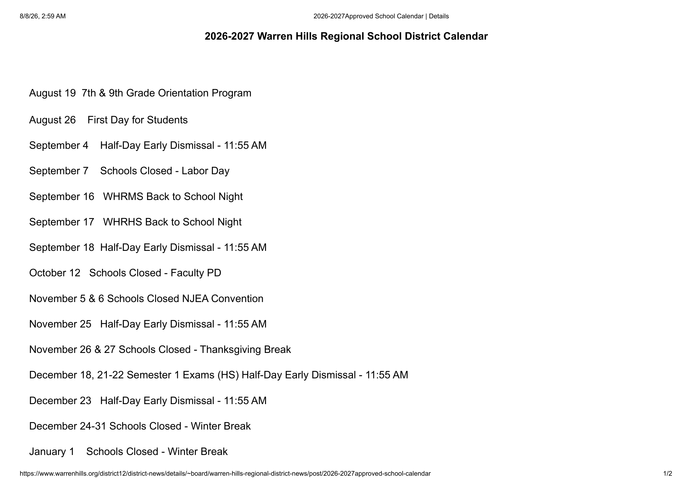 Warren Hills Regional School District NJ 2026-27 calendar page 1