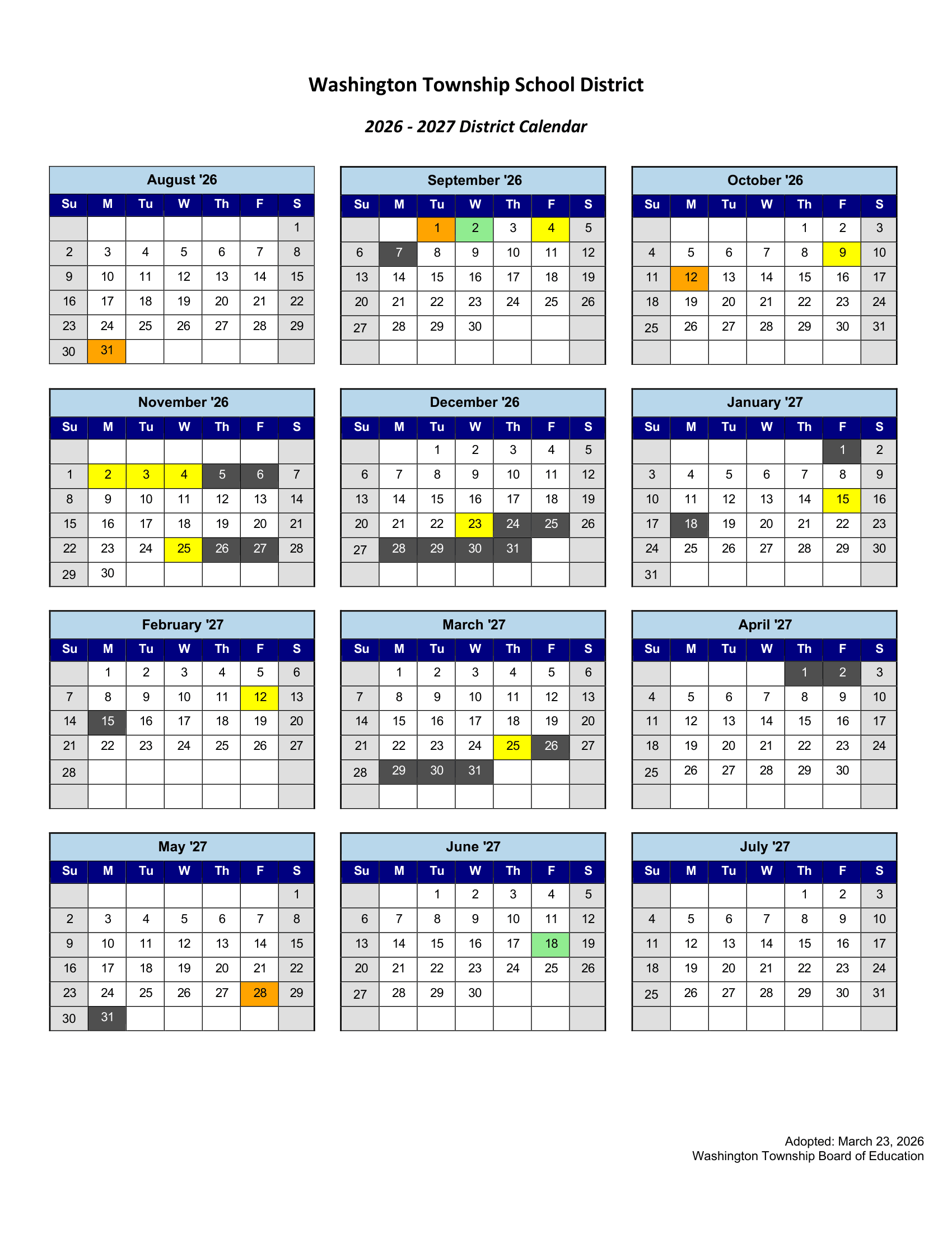 Washington Township School District NJ 2026-27 calendar page 1