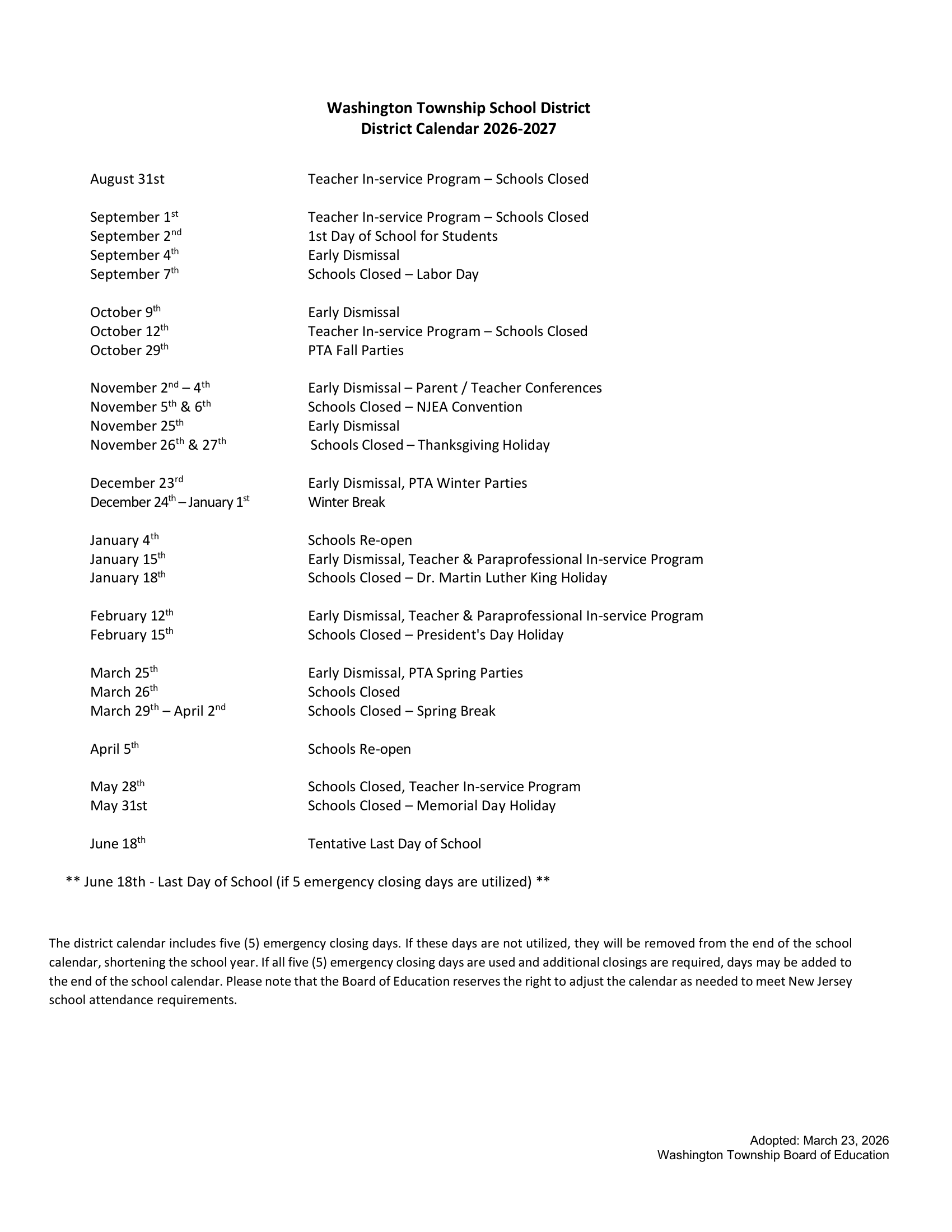 Washington Township School District NJ 2026-27 calendar page 2