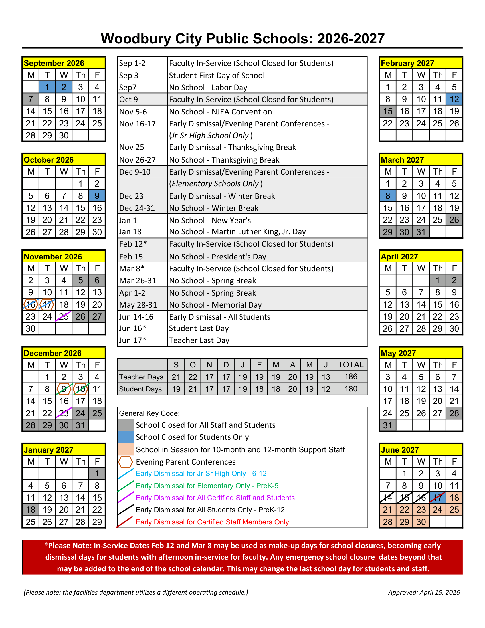 Woodbury City Public Schools NJ 2026-27 calendar