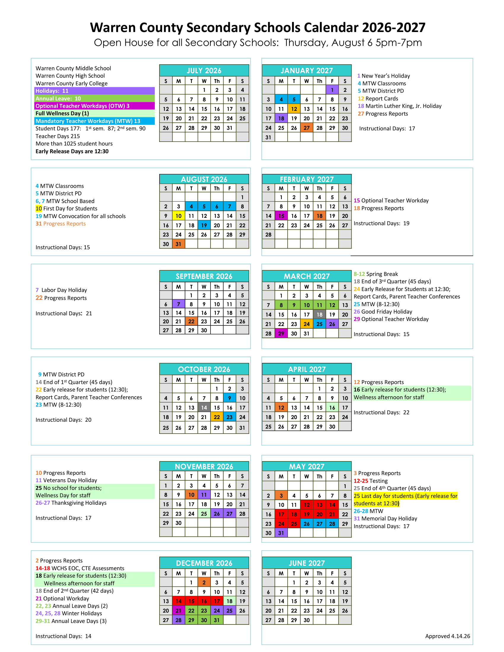 Warren County Secondary Schools calendar thumbnail