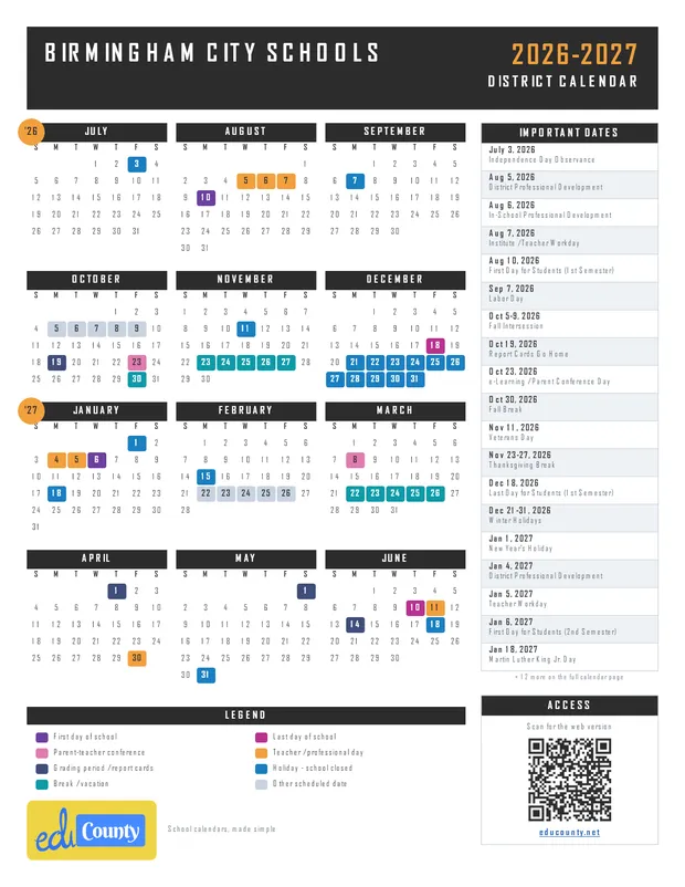 Birmingham City Schools printable 2026-27 calendar