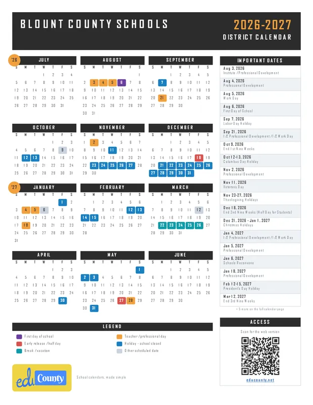 Blount County Schools printable 2026-27 calendar