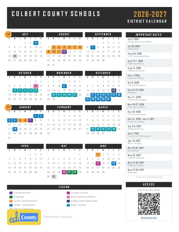Colbert County Schools printable 2026-27 calendar