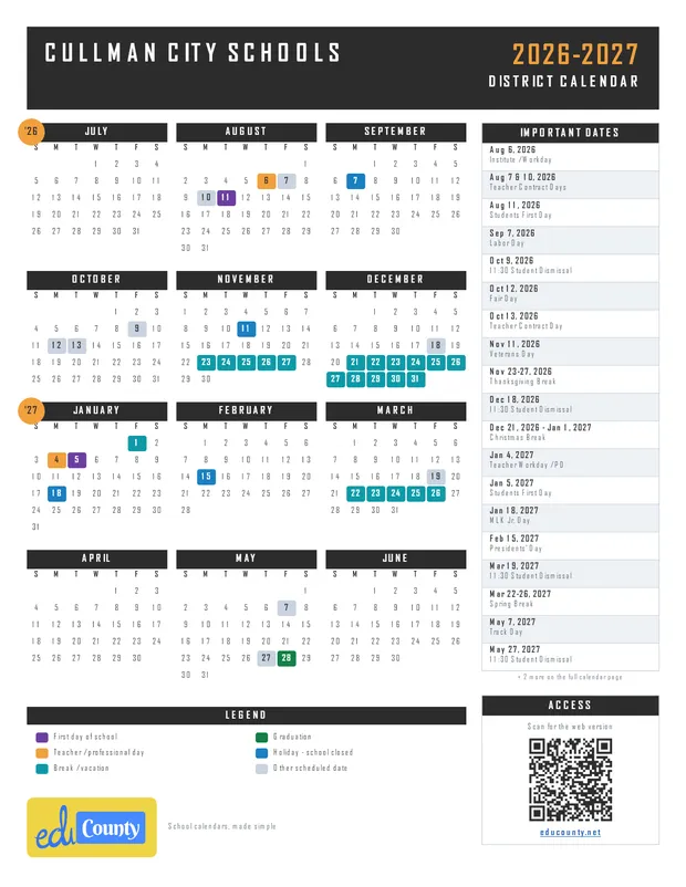 Cullman City Schools printable 2026-27 calendar
