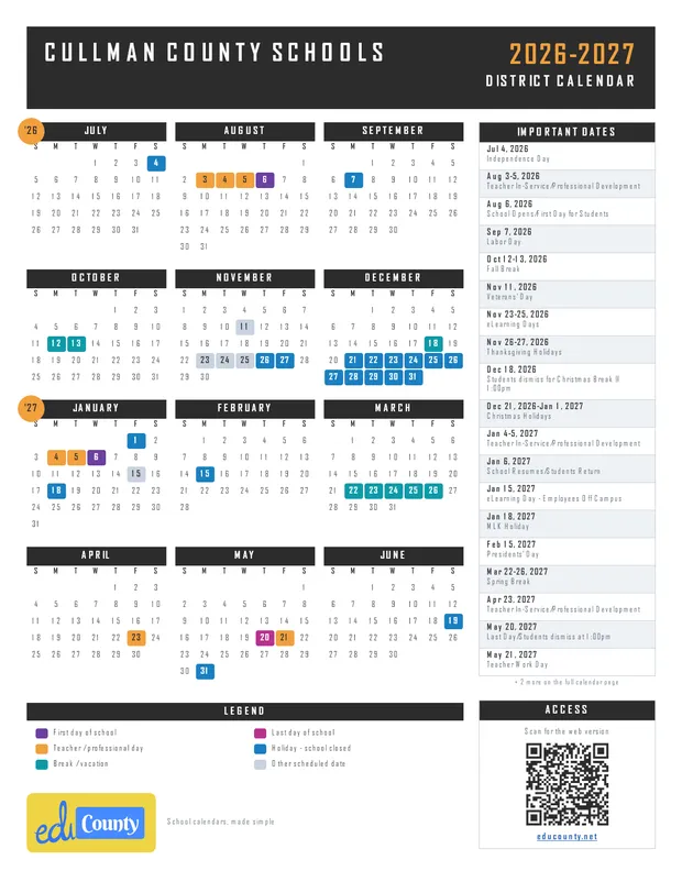 Cullman County Schools printable 2026-27 calendar