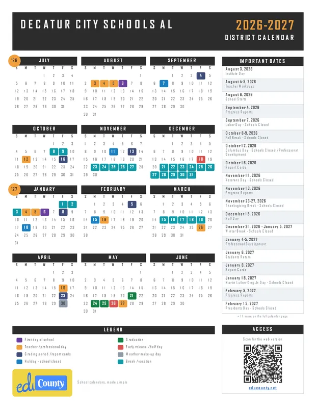 Decatur City Schools printable 2026-27 calendar