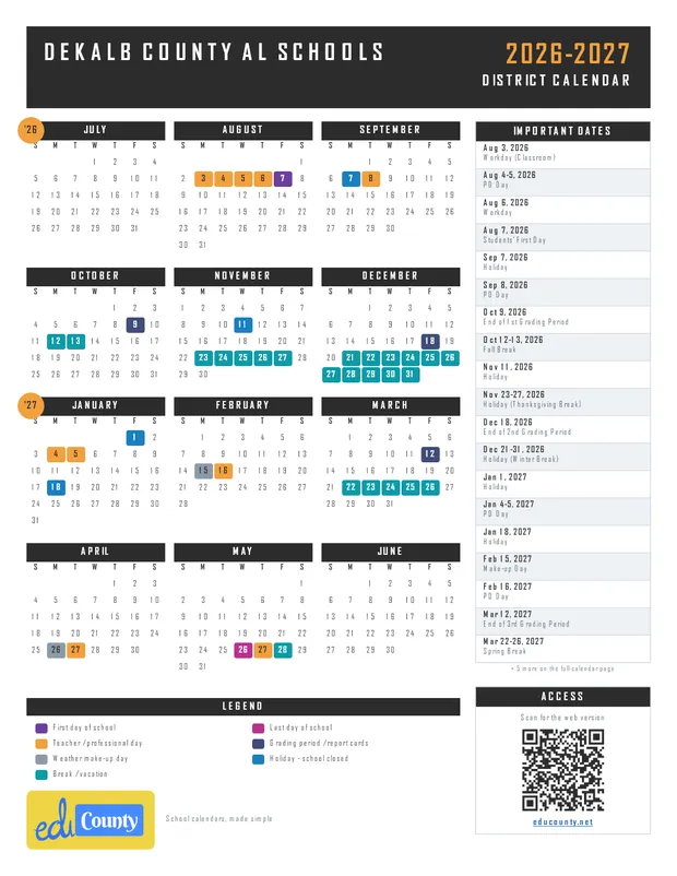 DeKalb County AL Schools printable 2026-27 calendar