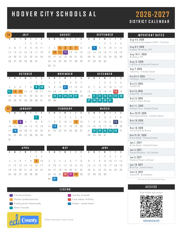 Hoover City Schools printable 2026-27 calendar