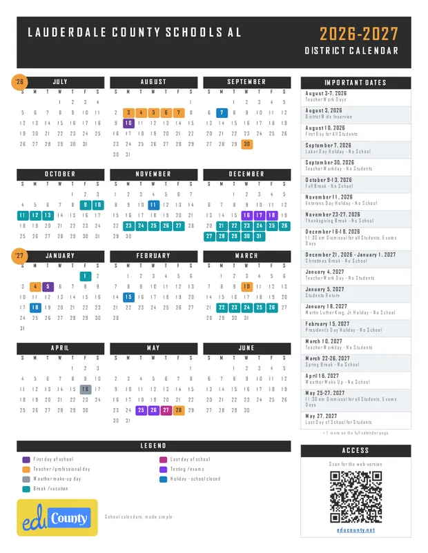 Lauderdale County Schools printable 2026-27 calendar