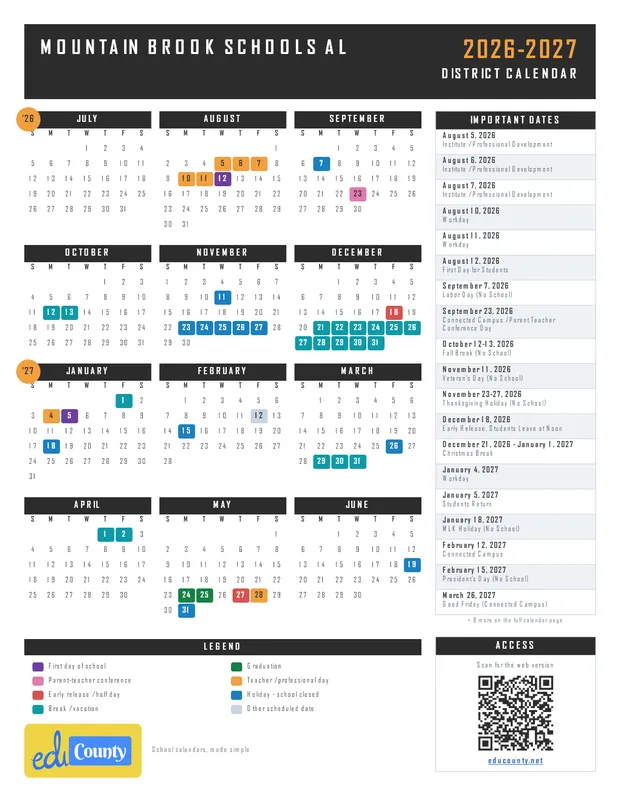 Mountain Brook Schools printable 2026-27 calendar