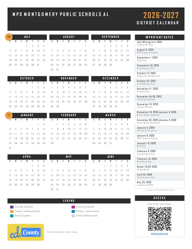 MPS Montgomery Public Schools printable 2026-27 calendar