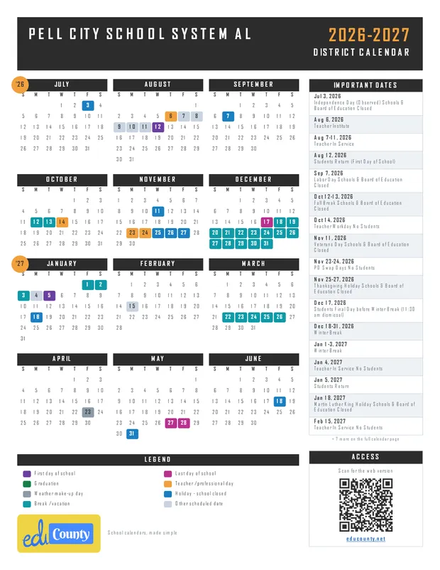 Pell City School System printable 2026-27 calendar