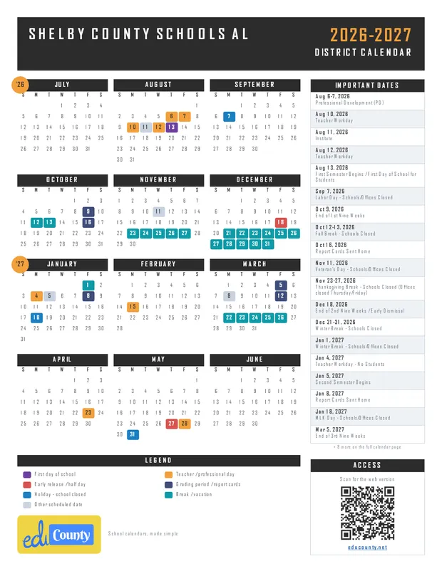 Shelby County Schools printable 2026-27 calendar