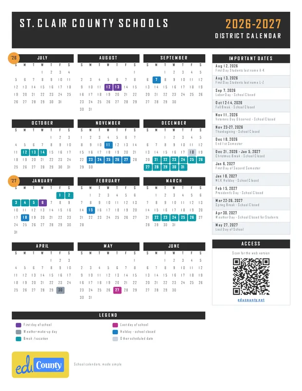 ST. CLAIR COUNTY SCHOOLS printable 2026-27 calendar