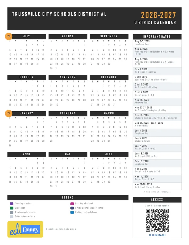 Trussville City Schools District printable 2026-27 calendar
