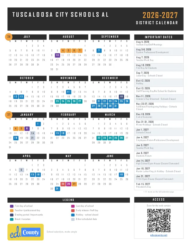 Tuscaloosa City Schools printable 2026-27 calendar