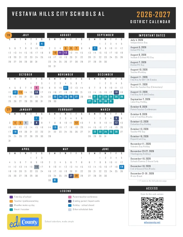 Vestavia Hills City Schools printable 2026-27 calendar