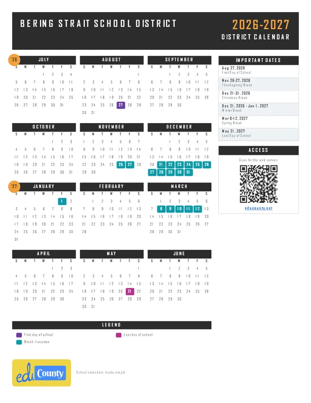 Bering Strait School District printable 2026-27 calendar