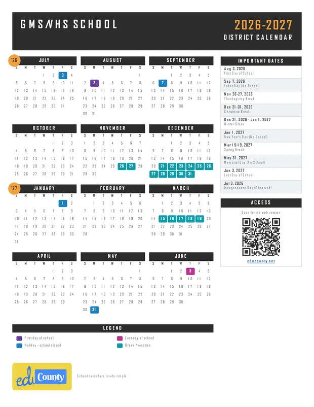 GMS/VHS School printable 2026-27 calendar