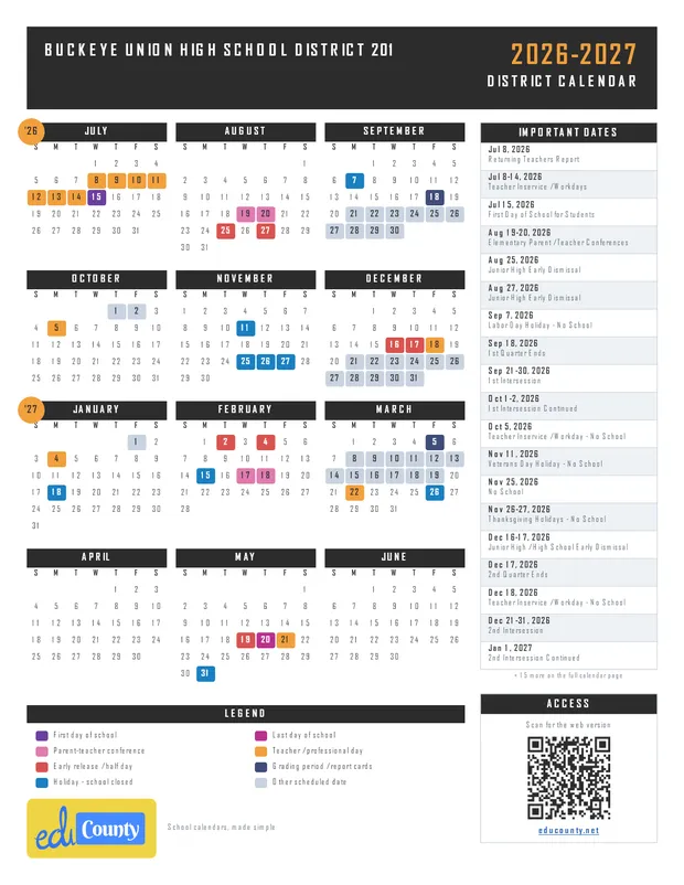 Buckeye Union High School District 201 printable 2026-27 calendar