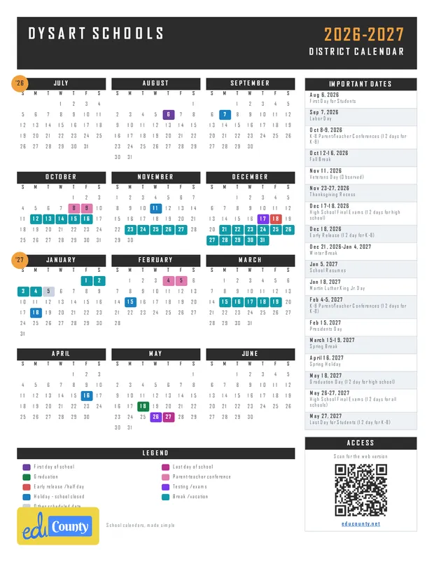 Dysart Schools printable 2026-27 calendar