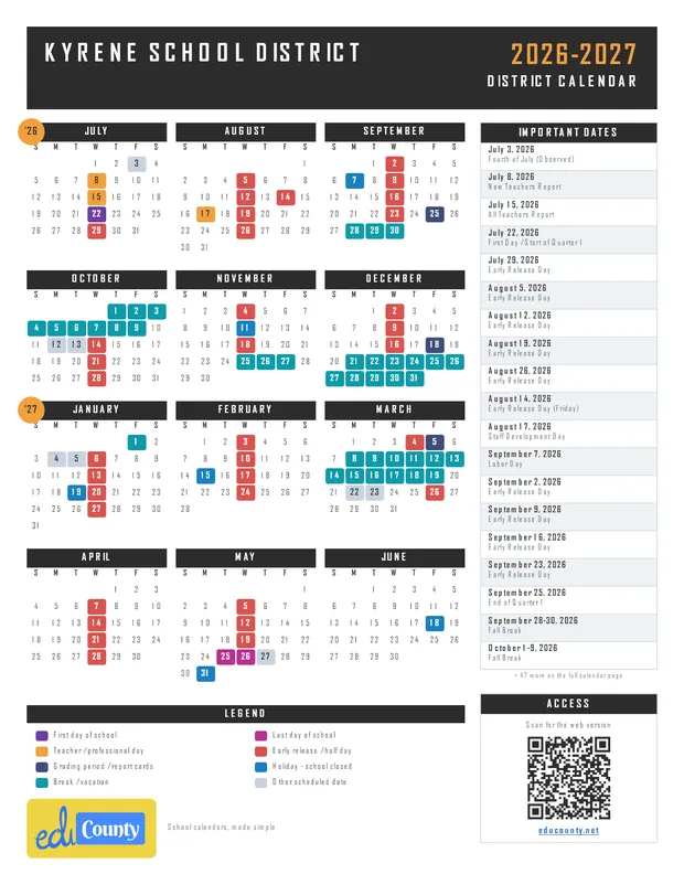 Kyrene School District printable 2026-27 calendar