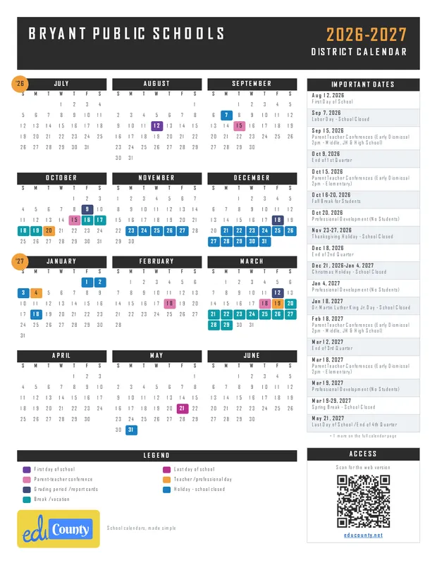 Bryant Public Schools printable 2026-27 calendar