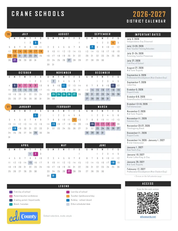 Crane Schools printable 2026-27 calendar