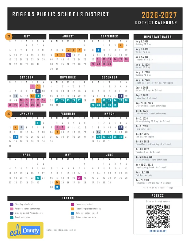 Rogers Public Schools District printable 2026-27 calendar