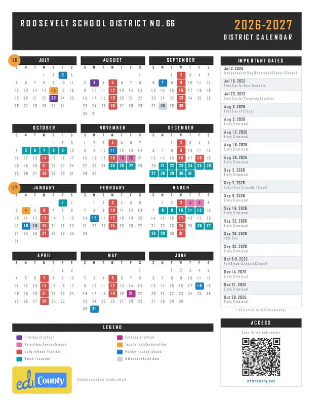 Roosevelt School District No. 66 printable 2026-27 calendar