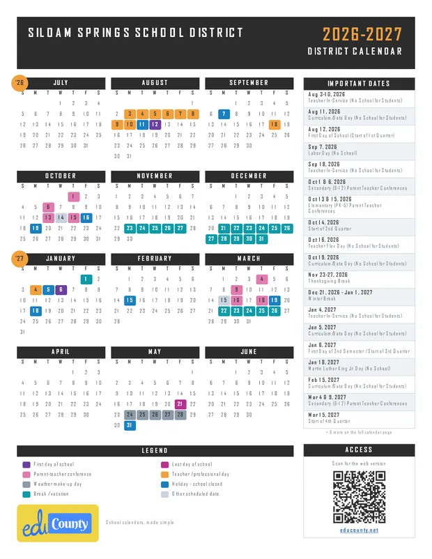 Siloam Springs School District printable 2026-27 calendar
