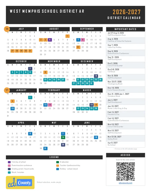 West Memphis School District printable 2026-27 calendar