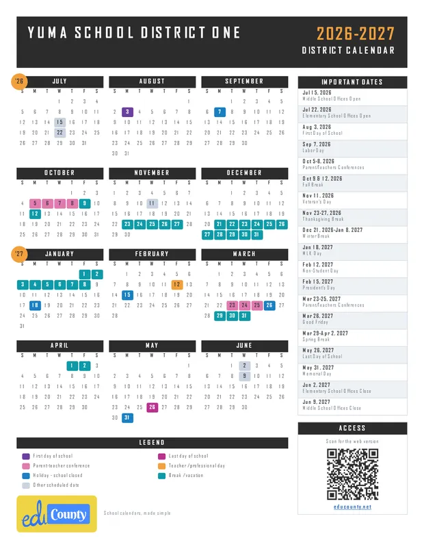 Yuma School District One printable 2026-27 calendar