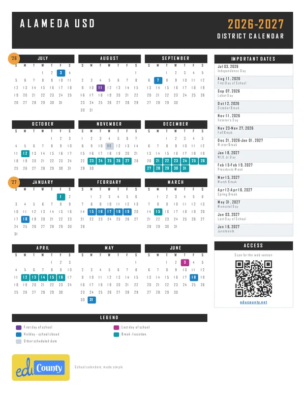 Alameda USD printable 2026-27 calendar