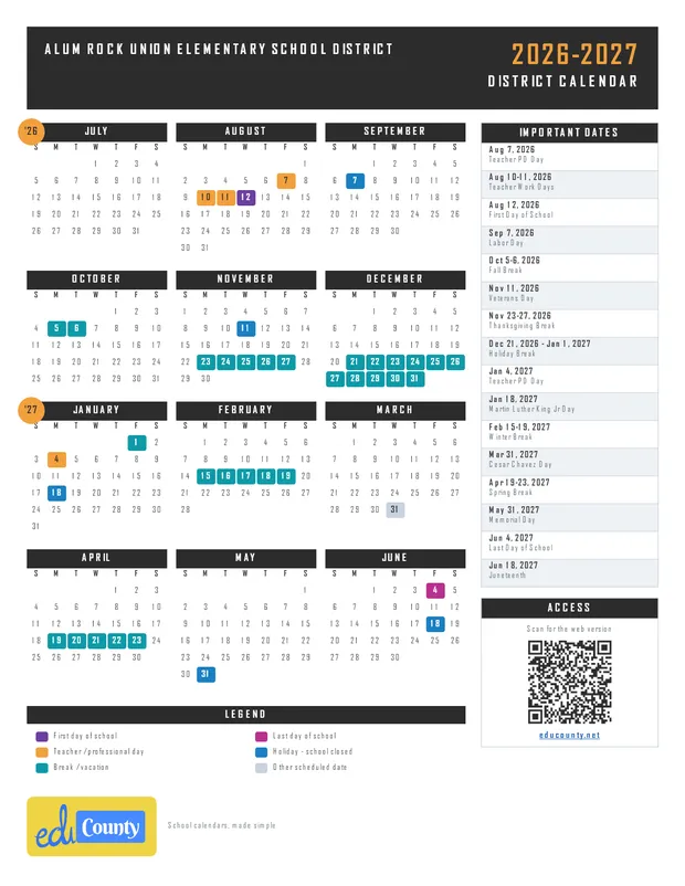 Alum Rock Union Elementary School District printable 2026-27 calendar