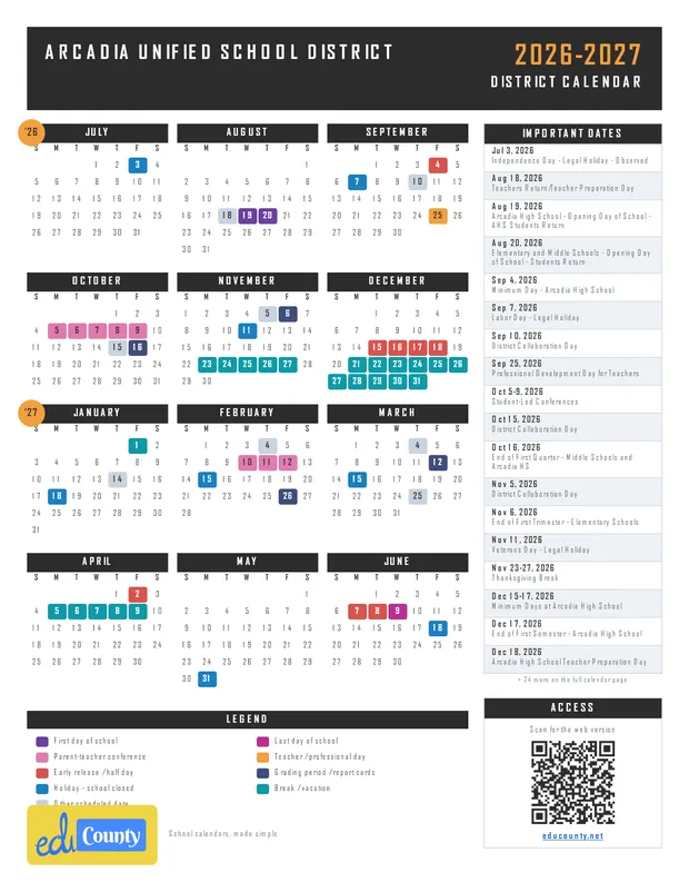 Arcadia Unified School District printable 2026-27 calendar